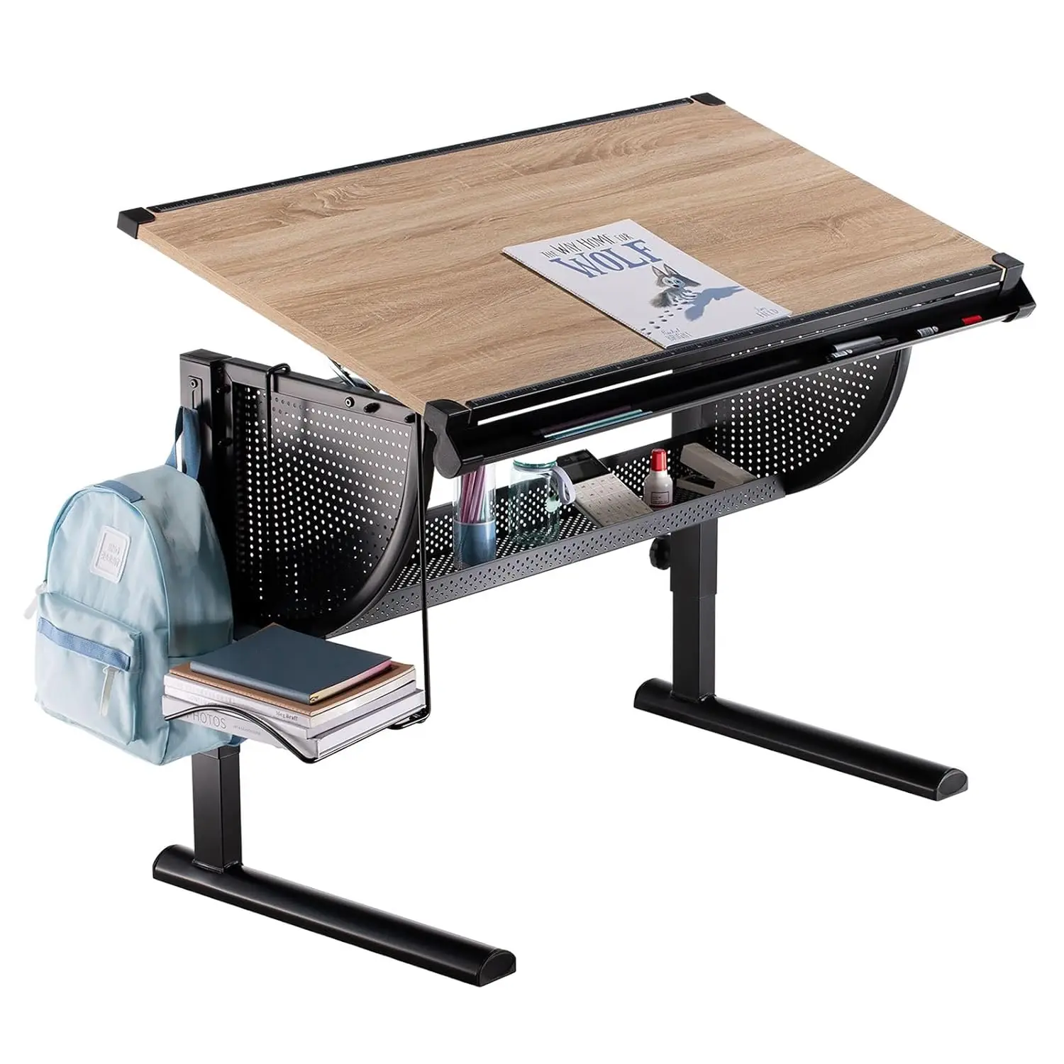 Sari Kinderschreibtisch höhenverstellbar in Sonoma-Eiche/Schwarz, Schreibtisch für Kinder, neigbar mit Nut für Stifte, individuell Image