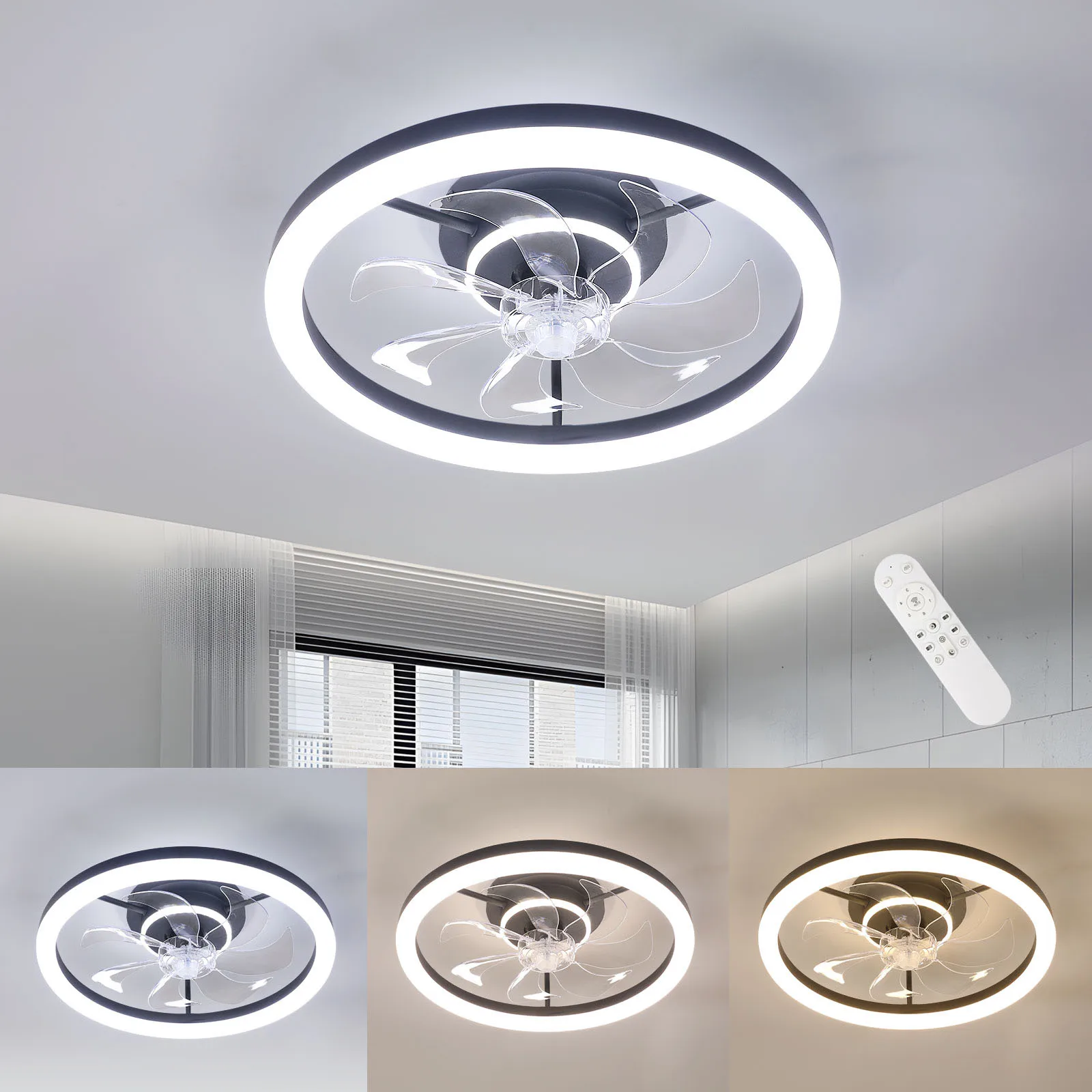 50cm Deckenventilatoren mit Beleuchtung und Fernbedienung, 6 Geschwindigkeiten Moderner Intelligenter LED-Deckenventilator, 3000K-6500K Dimmbare Leise Ventilatorleuchten