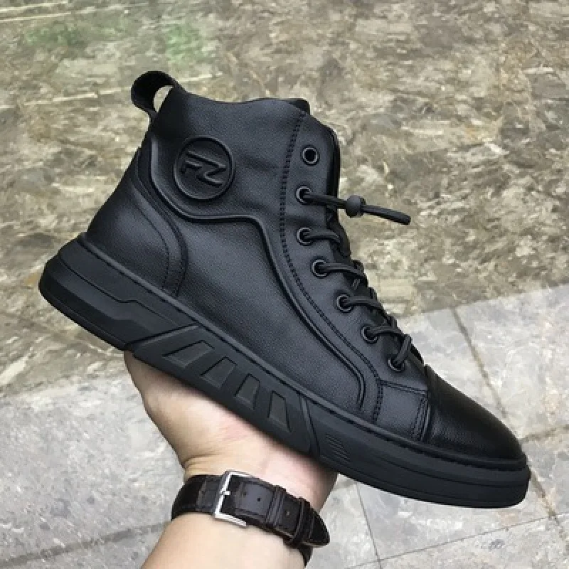Herbst Neue Schuhe für Mann Kuh Leder Casual Schuhe High Top Schwarz Flache Skateboard Schuhe Winter Warme Plüsch Stiefel