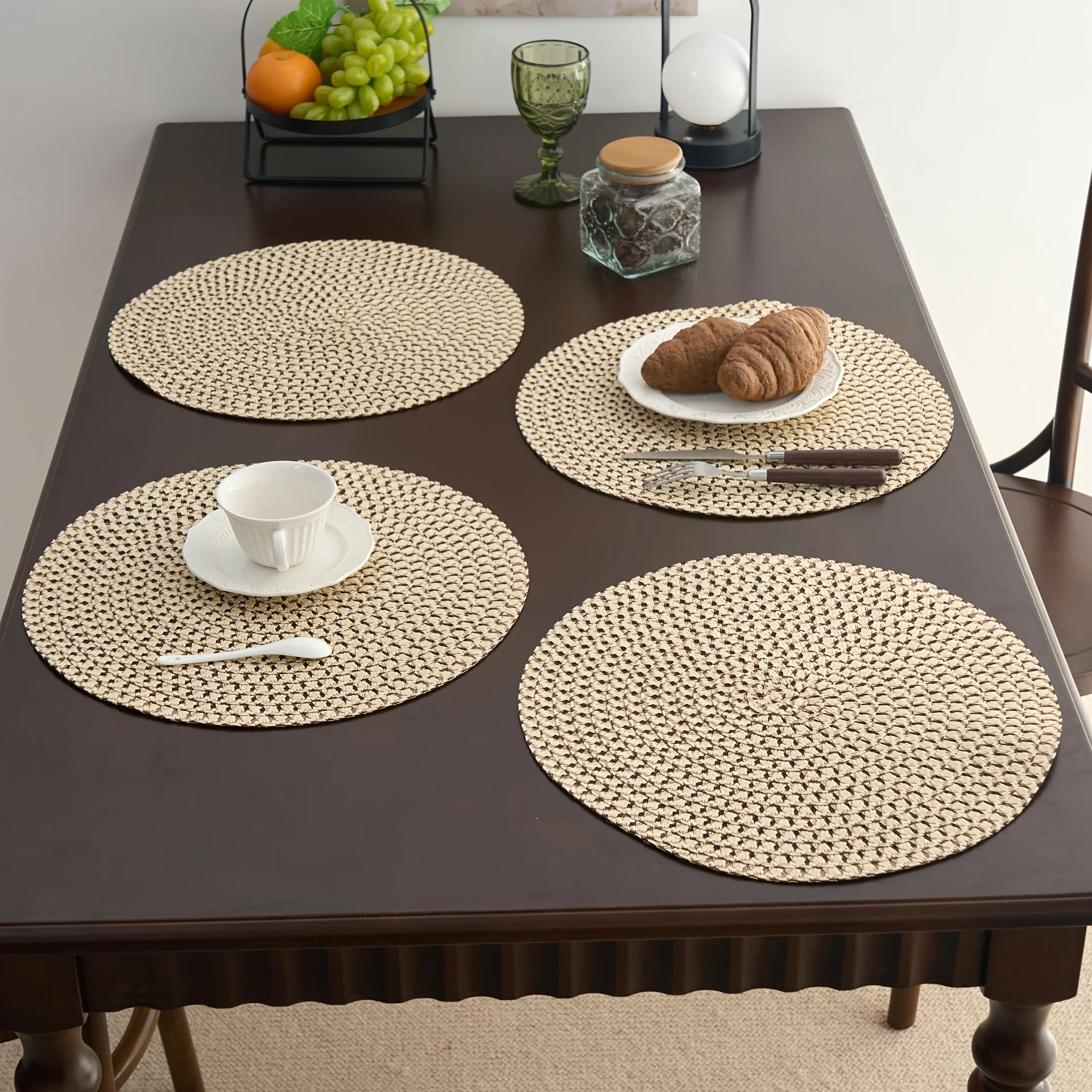 Amerikanischer Landhausstil Retro Kleine Hohle Runde Einfarbige Tischsets, Schüssel und Teller, Tasse, Rutschfeste Matte Image