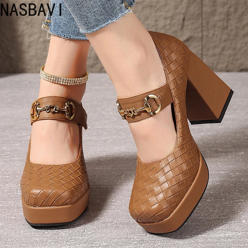 NASBAVI Größe 43, schwarze Schuhe aus echtem Leder, flache Plateaupumps für Damen, 2025, Block-High-Heels, Mary Jannes für Büro, Modell, Mutter