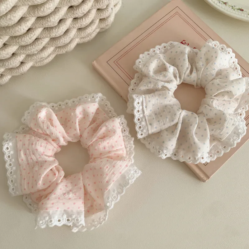 Spitze Polka Dot Weiß Rosa Große Runde Haargummis für Frauen Süße Süße Mädchen Pferdeschwanzhalter Ins Stil Party Kopf Zubehör Image