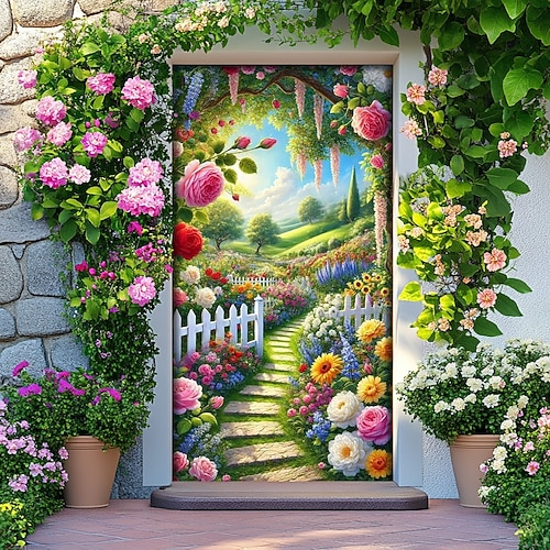 Türverkleidung mit Rosengartenmotiv, 2D-Flachdruck mit Lattenzaunweg und blühenden Blumen, elegante Eingangsdekoration, perfekt für Haustür oder Eingangsbereich Image