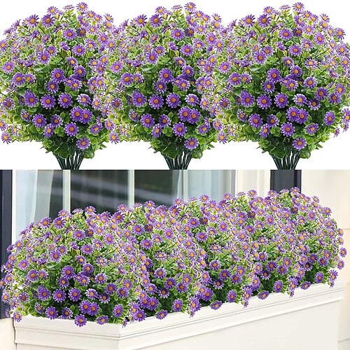 12 Bündel künstliche Gänseblümchen, künstliches Grün, UV-beständige Friedhofsblumen für drinnen und draußen, Partys, Garten, Hängeampeln, Fensterkästen und als Heimdekoration Image