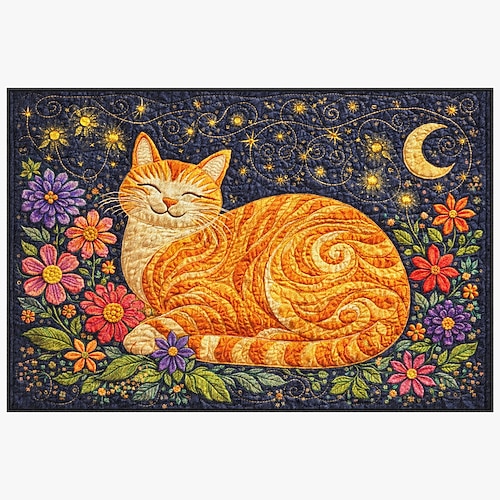 Fußmatte mit Stickerei-Imitat, orangefarbene Katze mit Blumen unter einem sternenklaren Halbmond – Willkommensmatte Image