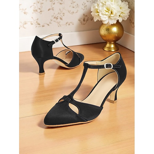 Damen Lila Satin T-Strap High Heels-Vintage Gatsby 1920er inspirierte geschlossene Tanzschuhe für Hochzeiten Cocktailpartys und formelle Anlässe Image