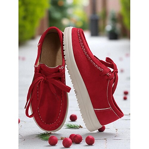 Lässige rote Damen-Schnürschuhe – weiche, rutschfeste, flache Slipper, bequeme Alltagsschuhe für Weihnachten, Shopping und Reisen Image