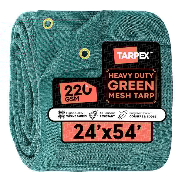Tarpex 24' x 54' Green Heavy-Duty Weather-Resistant 6.5 oz. Multipurpose Mesh Tarp GMT-TA-2454