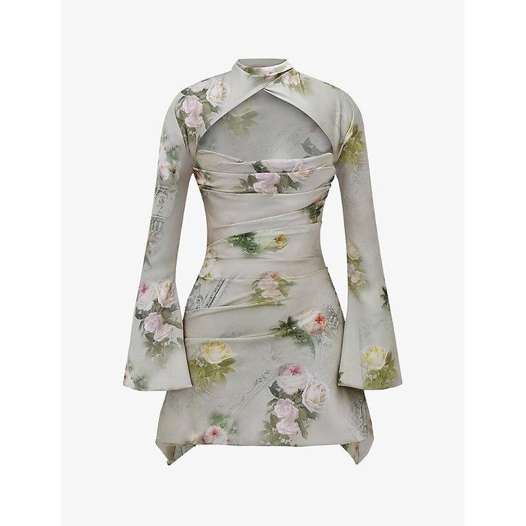 Toira Floral-Print Draped-Corset Woven Mini Dress - Gray - House Of Cb Dresses