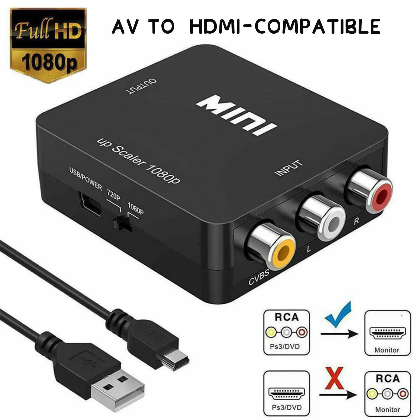 Convertisseur vidéo audio HD 1080P RCA AV vers HDMI pour VCR DVD vers TV avec câble USB Mini AV vers HDMI RCA Composite CVBS