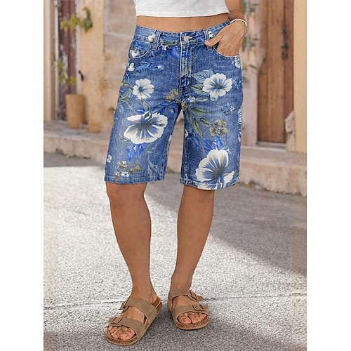 Per donna Bermuda Jeans Shorts Pantaloncini Estivi Vacanza Moda Streetwear Lunghezza al ginocchio Vita Alta Floreale Tasca Comodità Traspirabilità Confortevole Inelastico Quotidiano Vacanza Streetwear