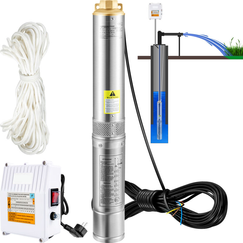 Mophorn - Pompa Sommersa Per Pozzi Profondi, 1100w 230v/50hz, 190l/min 57 M Di Prevalenza, Con Cavo Da 20 M E Scatola Di Controllo Esterna, Pompa Per Acqua In Acciaio Inox Da 10,2 Cm Per Uso Industriale