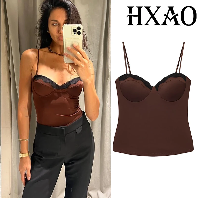 HXAO Frau Tops Ärmel Crop Spitze Top Frauen Korsett Leibchen Braun Top Weibliche Party Backless Sexy Tops Für Damen Bustier Image