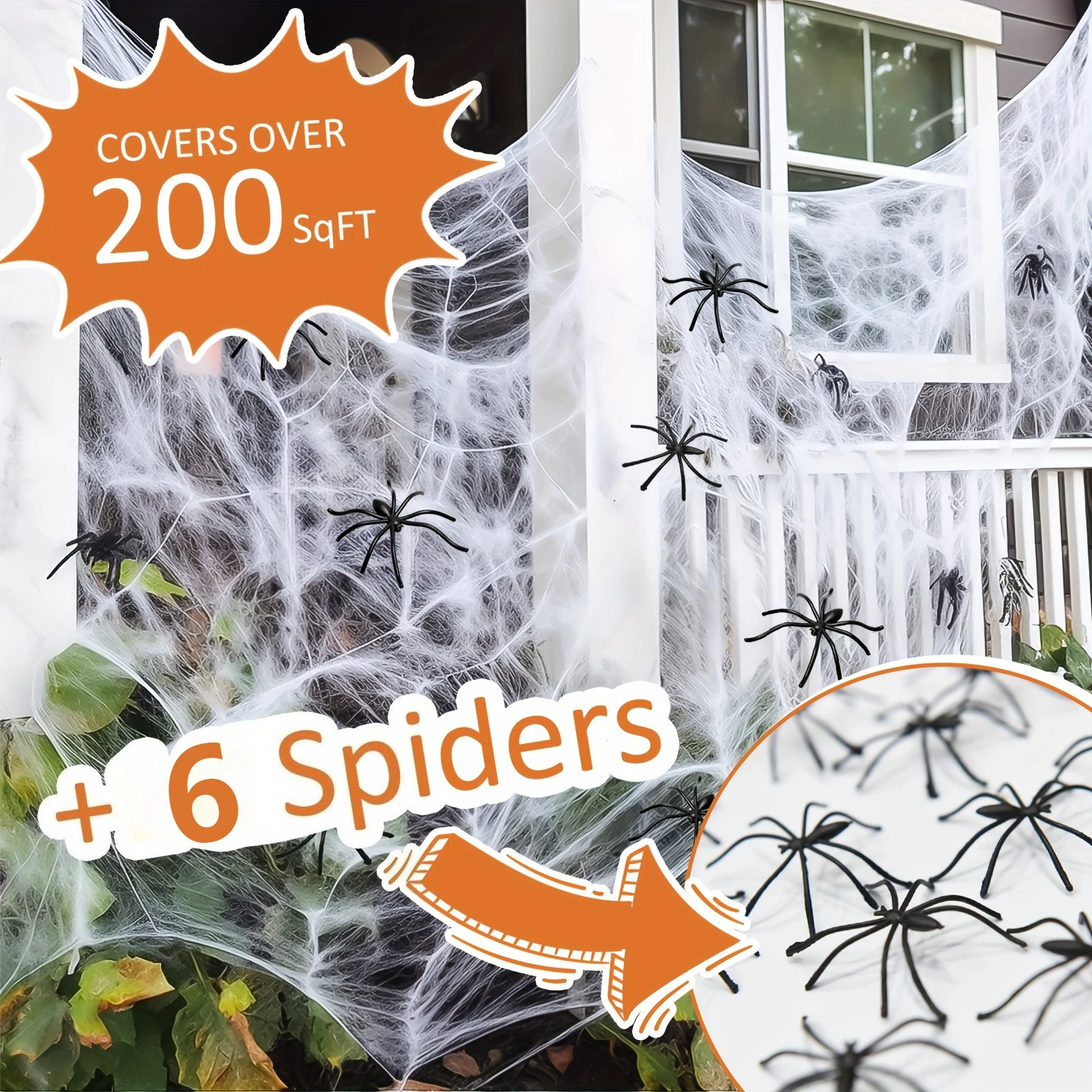 1 Set, 60 weiche Spinnennetze, Halloween-Dekorationen mit 6 künstlichen Spinnen, super dehnbare Spinnweben für Halloween im Innen- und Außenbereich Image