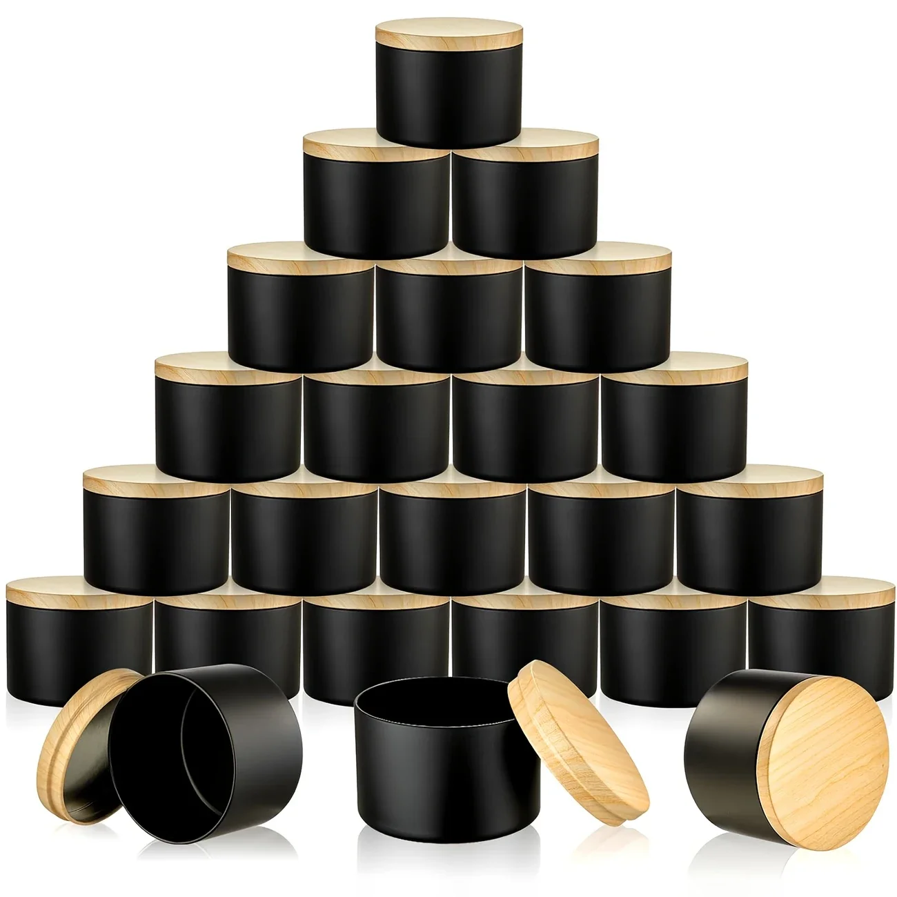 24er-Pack 4/8oz mattschwarze Kerzengläser aus Weißblech und Deckel im Holzdesign – leere runde Behälter für die Kerzenherstellung, Aufbewahrung, Image