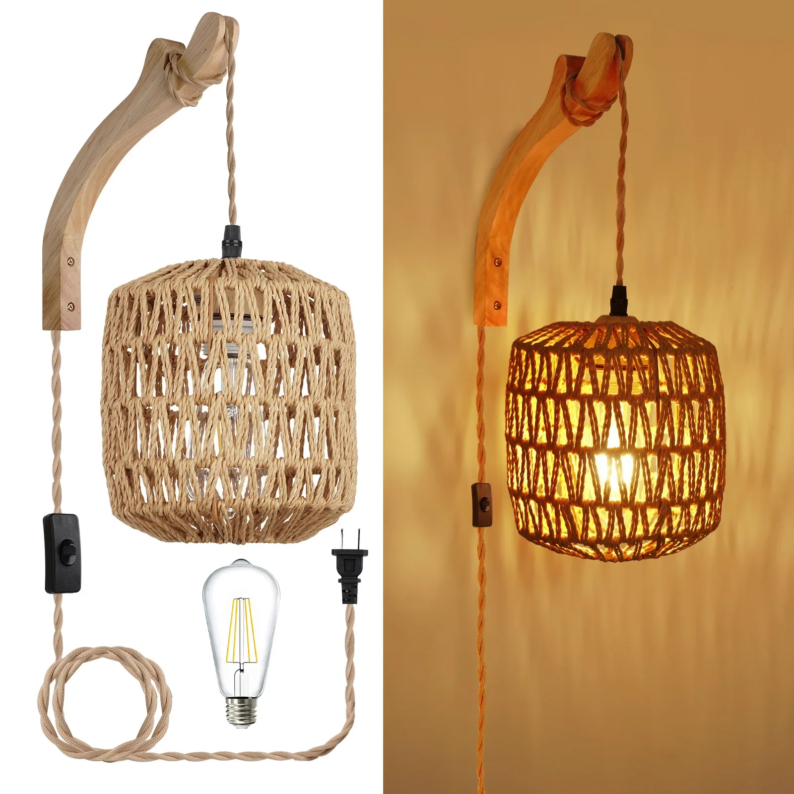Led Rattan Wand Lampe Schlafzimmer Wohnzimmer Woven Licht Nacht Lampen E27 Retro Hanf Seil Lichter Innen Dekoration Leuchten