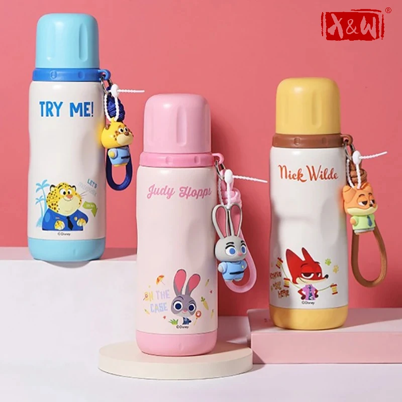 X&W Disney Isolierbecher Judy Nick Cartoon Thermobecher mit Strohhalm, tragbare Vakuumflasche aus Edelstahl 316 für Mädchen und Jungen, Schule Image