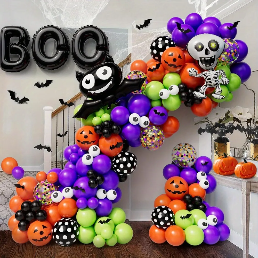 137 Stück Halloween-Ballon-Girlanden-Set, Fledermaus-Skelett, Aluminiumfolie, Ballon, Halloween-Thriller, gruselige Atmosphäre, Party-Szenen-Layout Image