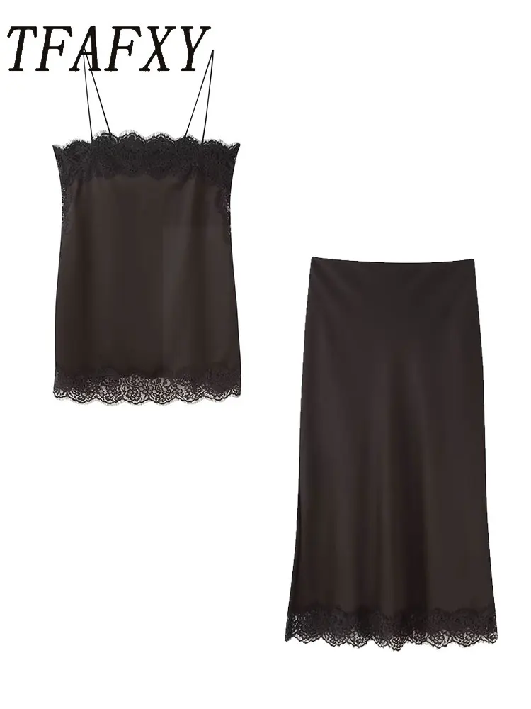 TFAFXY Vintage Casual Frauen Braun Solide Spitze Anzug Cami Kurze Top Lose Lange Gerade Rock Neue Mode 2025, Urlaub Set Image