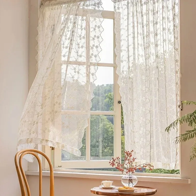 Spitze Beige Sheer Luxus Vorhänge für Wohnzimmer Schlafzimmer Wiegende Küche Behandlung Kurze Vintage Blumenstickerei Weißer Tüll Image