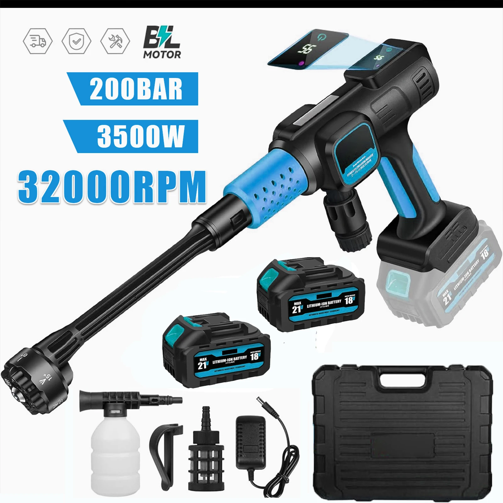 200Bar 3500W Bürstenlose Hochdruck Auto Waschmaschine Pistole 6 IN 1 Elektrische Garten Waschen Wasser Spritzpistole für Makita 18V Batterie Pin Image