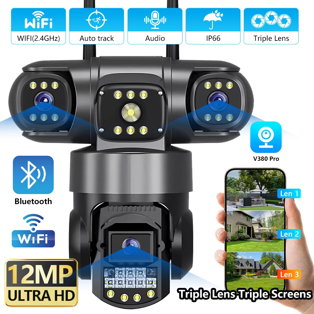V380 Pro 12MP 6K WiFi IP Kamera Outdoor Triple Linsen Triple Bildschirme Sicherheit Video Monitor Nachtsicht Wasserdichte CCTV Kamera Image