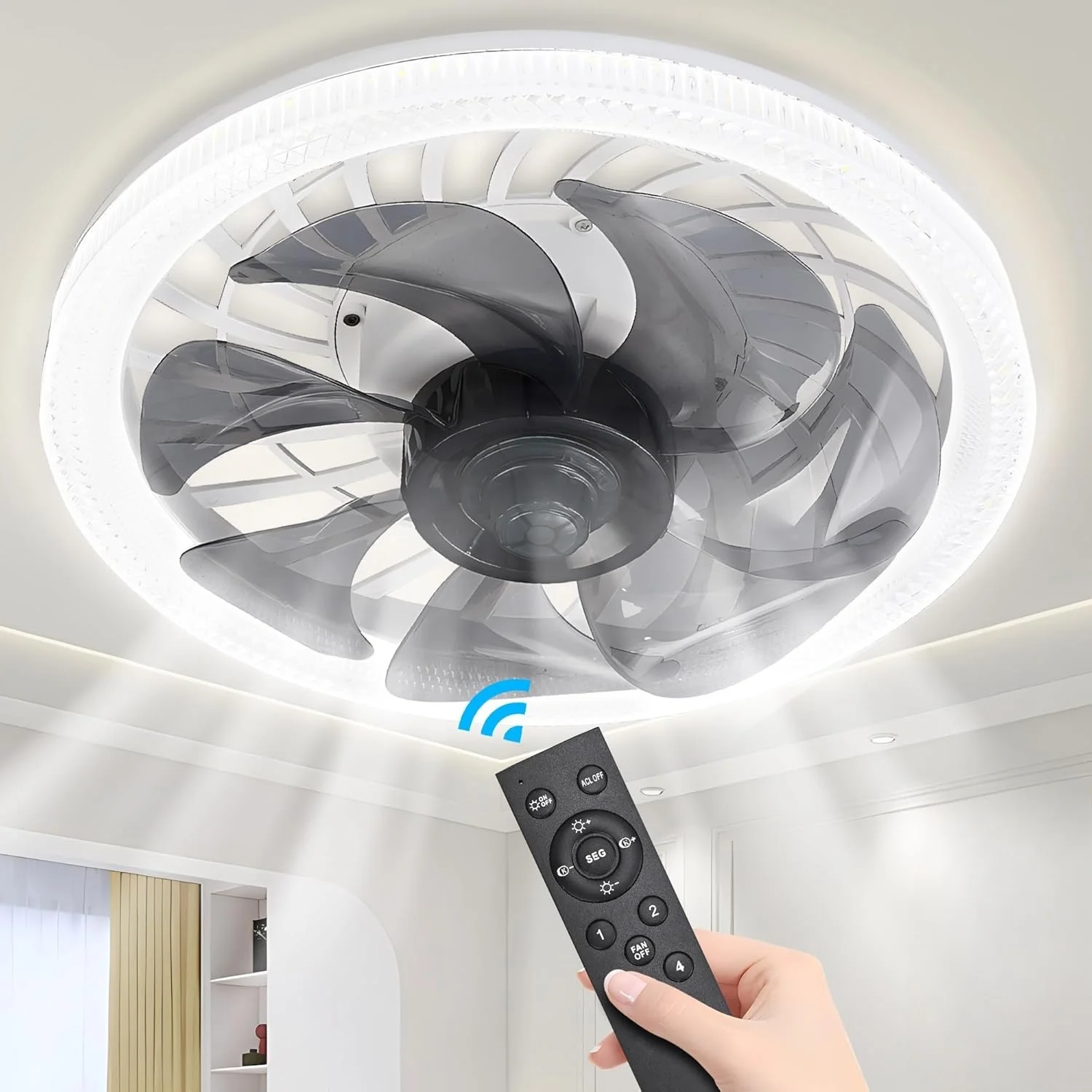 Deckenventilatoren mit Lichtern, Steckdosenventilator mit Fernbedienung, dimmbar 3000K-6500K, Steckdose, moderner Unterputz-Deckenventilator mit niedrigem Profil