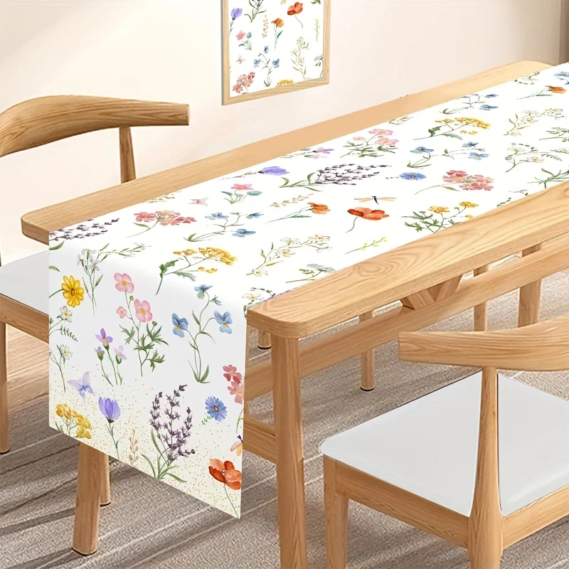 1 Stück Aquarell-Tischläufer mit frischem Blumenmuster, bunter Pflanzen-Print, Tischdekoration, Stoff im nordischen Stil, für Esszimmer, Couchtisch, lange Tischdecke Image