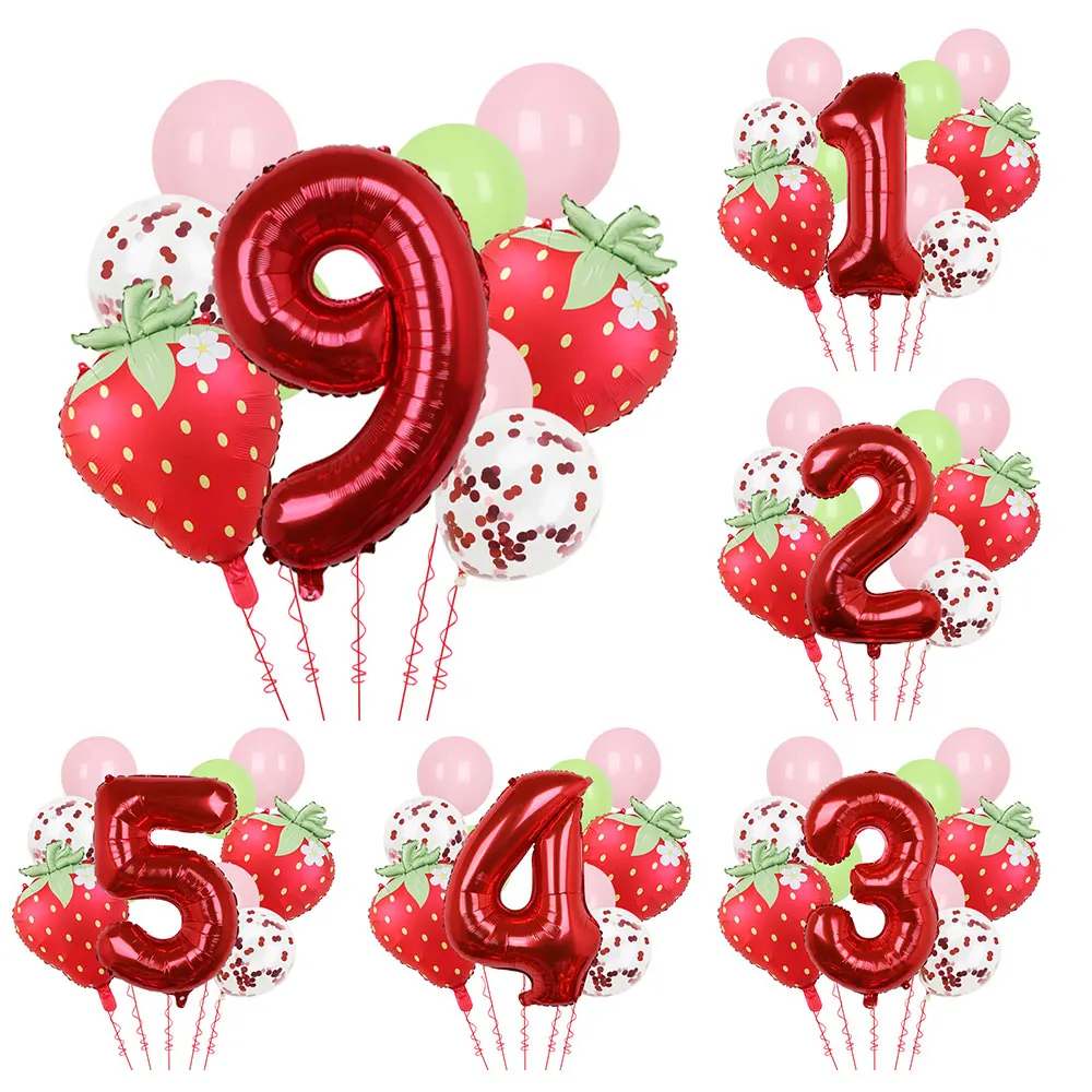 1 Satz 32 Zoll 1–9 Jahre altes digitales Aluminiumfolien-Ballon-Set mit Erdbeere und roten Punkten, geeignet für Geburtstagsfeier-Babyshower Image