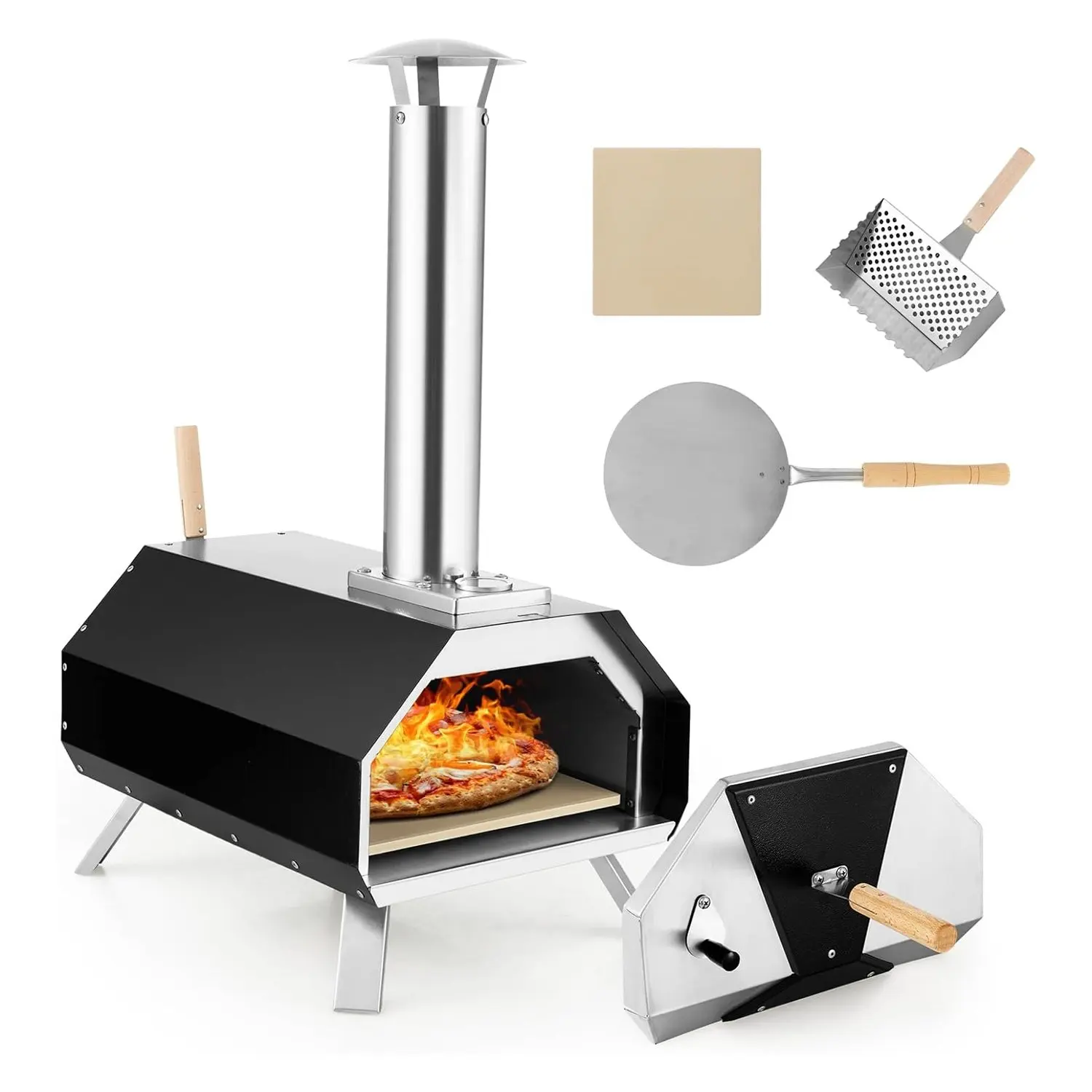 Pizzaofen für den Außenbereich, tragbarer Pizzaofen aus Edelstahl mit Pizzastein, Pizzaschaufel, Thermometer und klappbaren Beinen Image