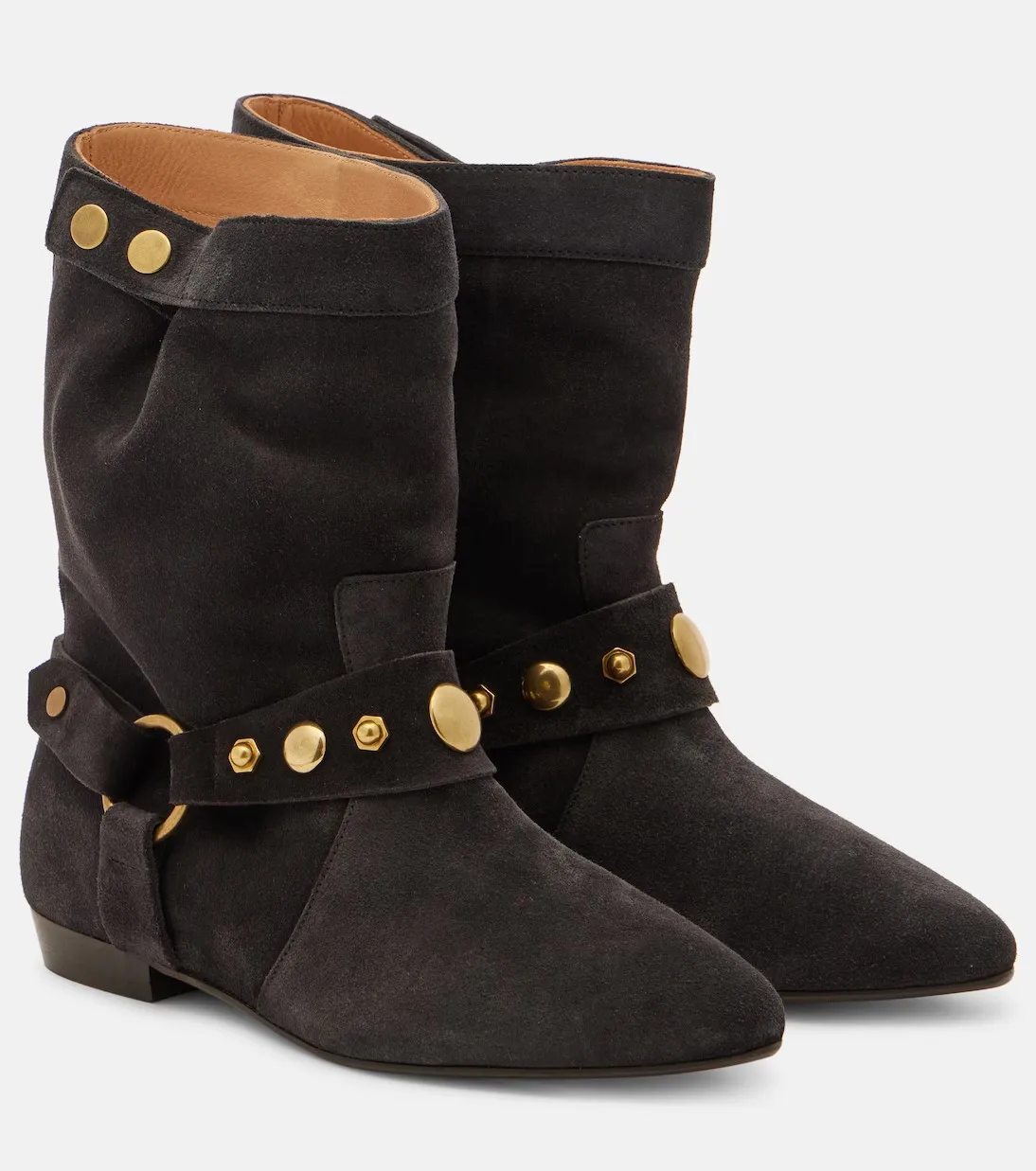 Damen-Stiefeletten, modisch, mit Nieten verziert, kurze Stiefel, lässig, spitzer Zehenbereich, Wildlederschuhe, Damenstiefel mit Schnallenriemen