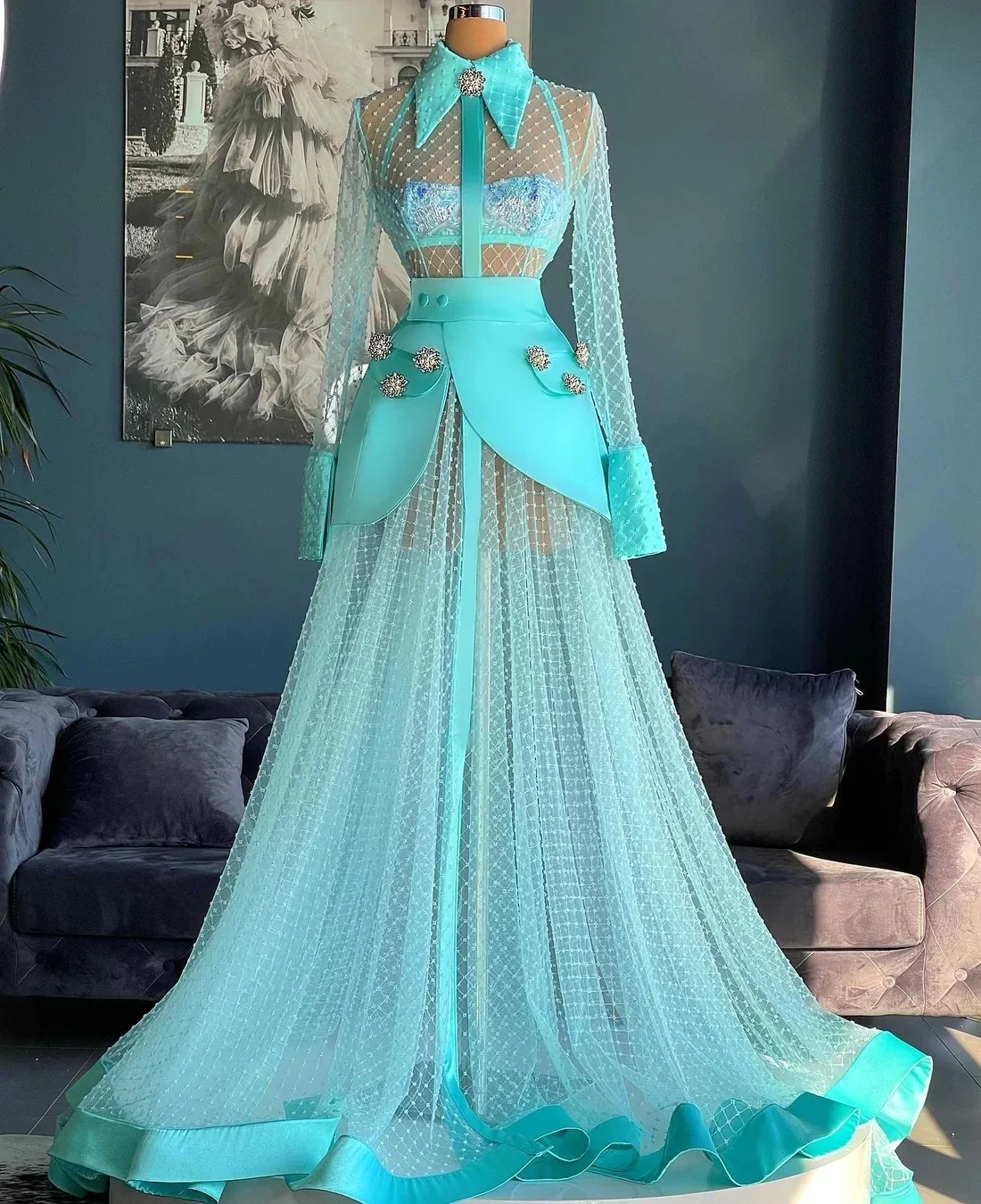 Türkise Ballkleider Haute Couture A-Linie mit langen Ärmeln Spitze Saudi-Arabien Dubai Robe De Soiree Abendkleid Kleid Maßgeschneidert