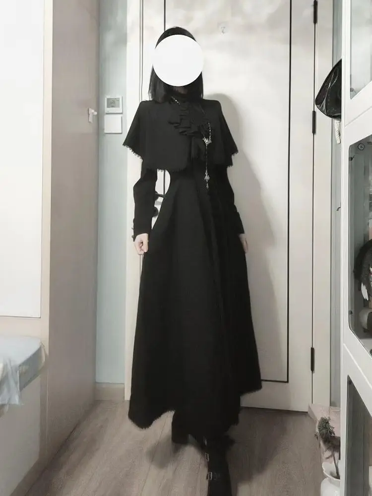 2025 Neues Harajuku Vintage Lolita The Wizard's Law Japanisches Gothic-Dunkelkleid Punk-Design Lolita Langarmkleider Schal-Sets