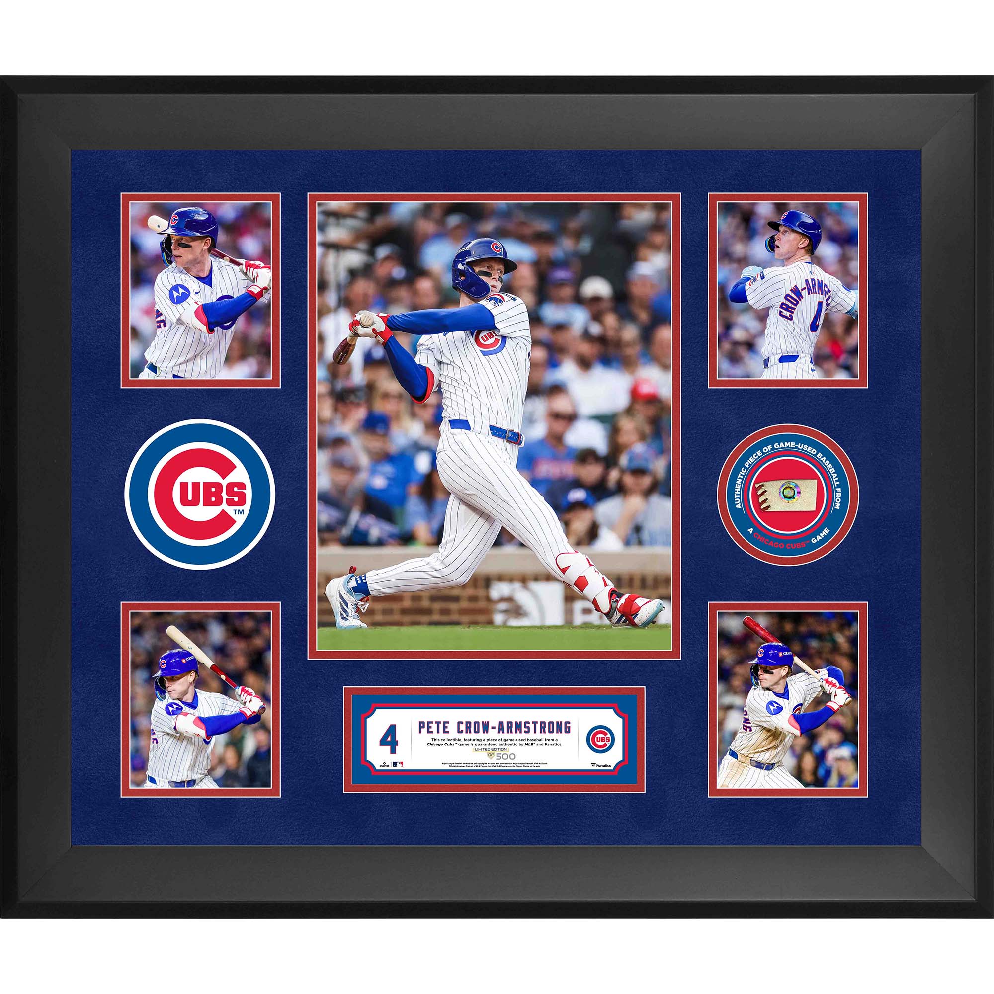 "Pete Crow-Armstrong Chicago Cubs gerahmte 5-Foto-Collage mit einem Stück eines im Spiel verwendeten Balls - Limitierte Auflage von 500 Stück" Image