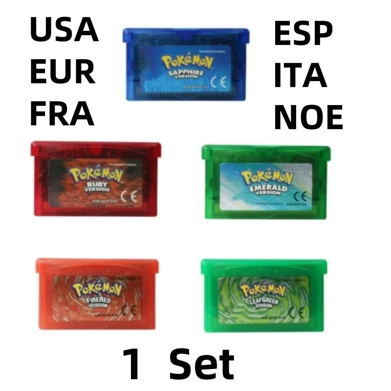 32-Bit Video Game Console Card GBA Game Cartridge Pokemon Emerald Sapphire LeafGreen Fire Red Ruby Shiny Label USA/EUR 1 Sets