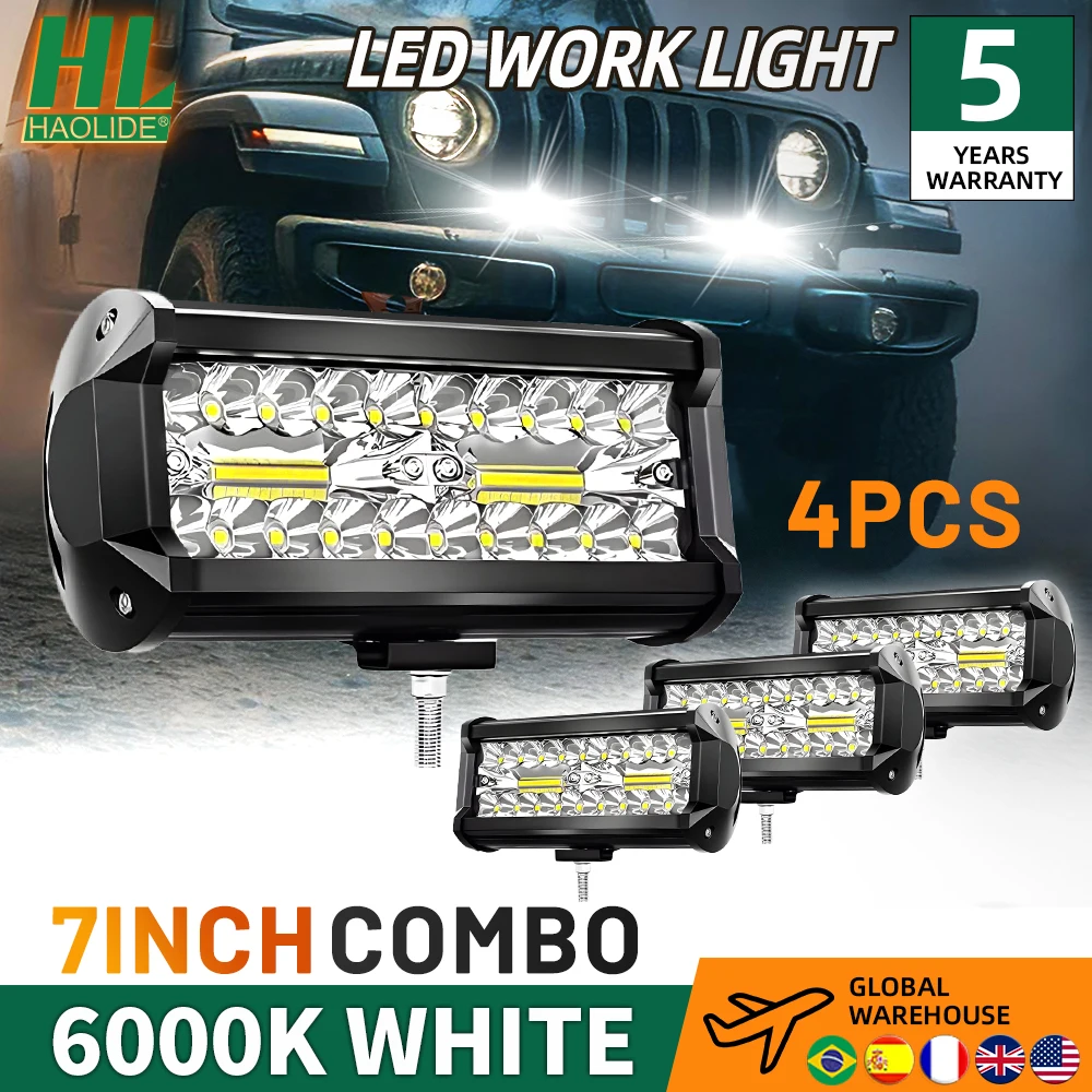 HAOLIDE Barra Luminosa a LED da 7 Pollici per Auto, Fari Offroad 4x4, Fendinebbia 12V 24V, Faro a Diodi per Camion, Trattori, Barche, SUV, ATV, Luce da Lavoro
