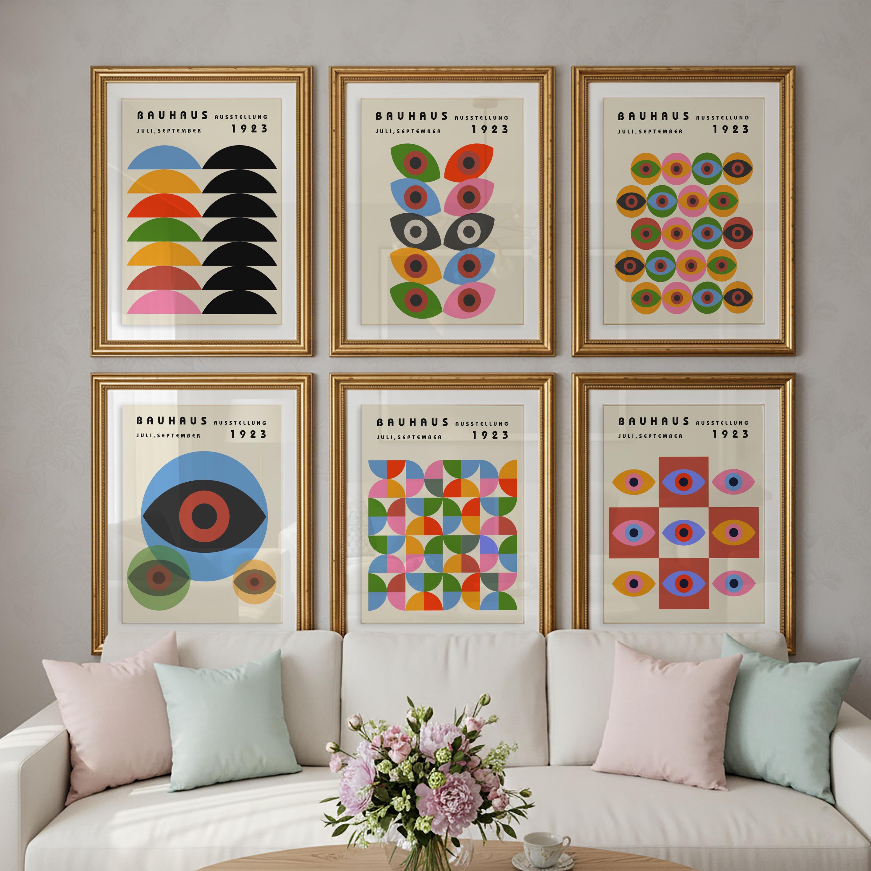 Set di 6 poster della mostra Bauhaus, stampe artistiche retrò per pareti di galleria, decorazioni per la casa in stile Mid-Century Modern, arte geomet