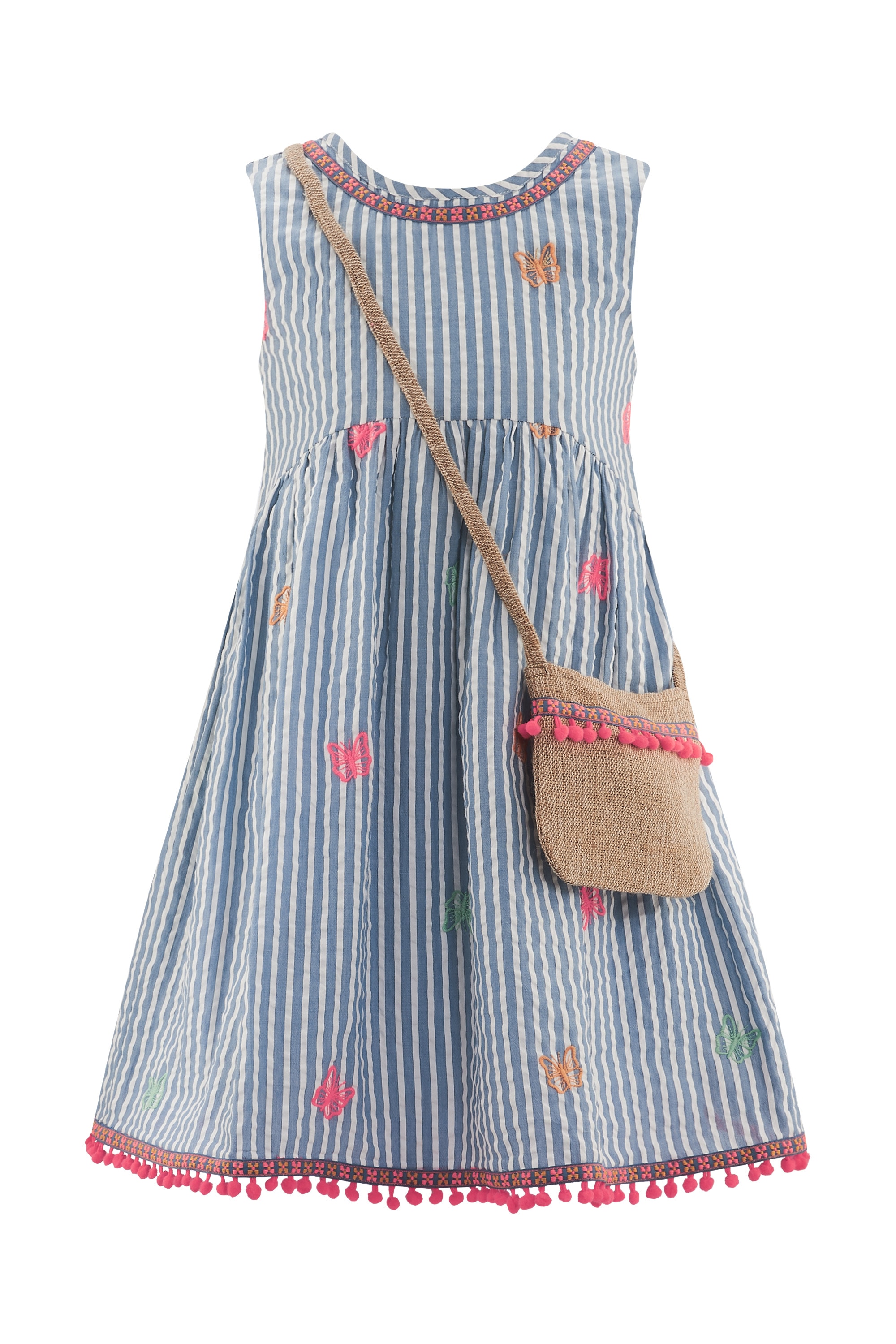 Sommerkleid HAPPY GIRLS, Mädchen, Gr. 146, N-Gr, dove blau, Web, Obermaterial: 100% Baumwolle. Futter: 100% Baumwolle, bestickt, gestreift, Basic, Rundhals, Kleider Sommerkleid, mit süßer, abnehmbarer Umhängetasche Image