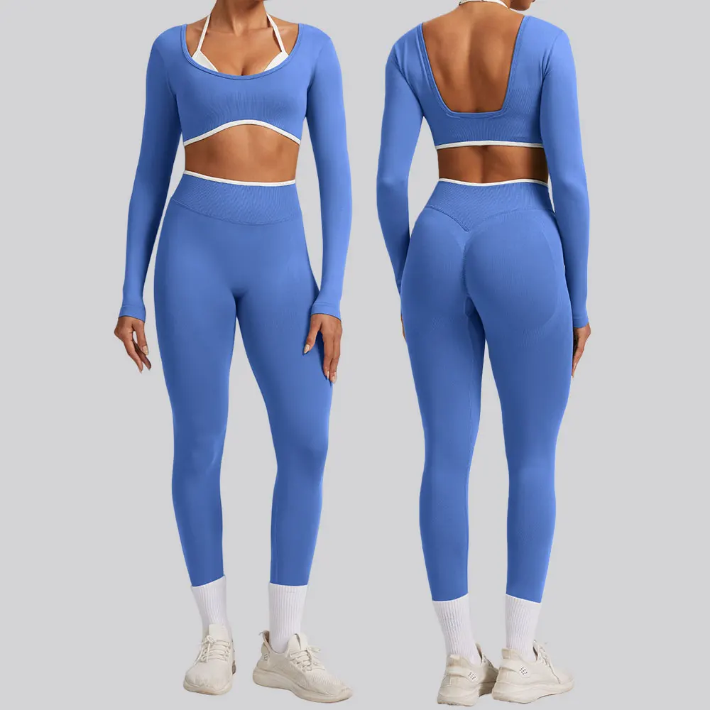 Combinaison de Yoga 2 pièces, ensemble de sport, survêtement sans couture pour femmes, vêtements d'entraînement, de course, Leggings de sport à manches longues, vêtements de sport