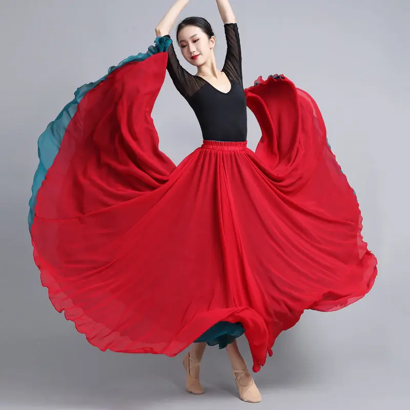 Taille haute jupes longues plissées femmes Vintage jupe évasée balançoire robe en Satin Double face en mousseline de soie jupe de danse jupe longue