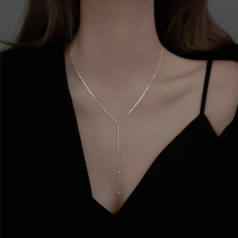 Collana con nappa con perline rotonde in argento sterling 925 Nuova catena estiva femminile semplice con clavicola lunga catena geometrica Gioielli personalizzati da donna