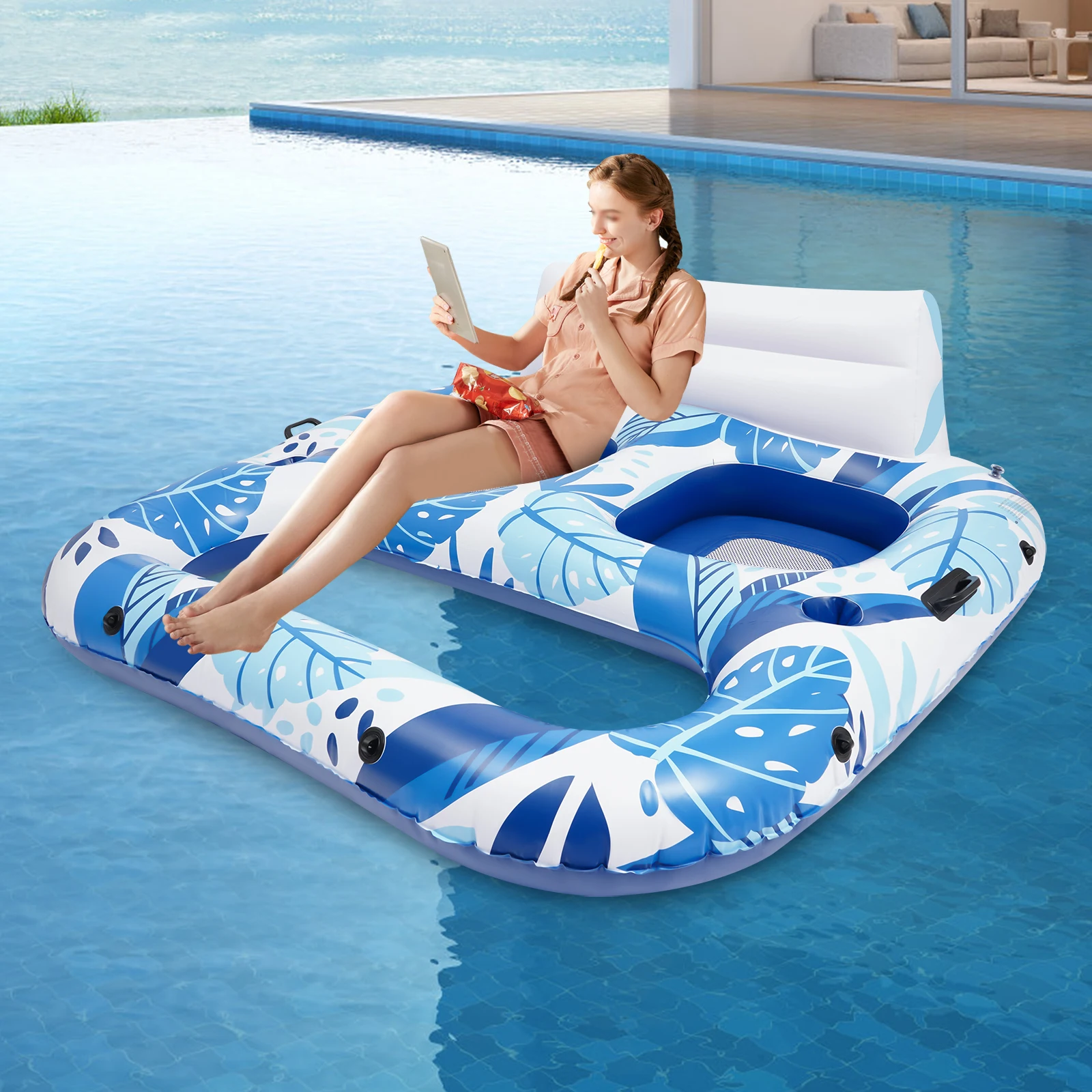Flotteur gonflable de chaise longue de piscine de 2 personnes 165*152*55cm, matelas gonflable de flotteur de piscine de Double siège charge 136kg pour la plage de piscine d'été