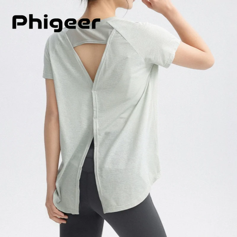 PHIGEER Hauts de yoga à dos ouvert pour femmes, chemise de sport légère et respirante à manches longues pour la randonnée, vêtements de sport pour la course à pied pour femmes