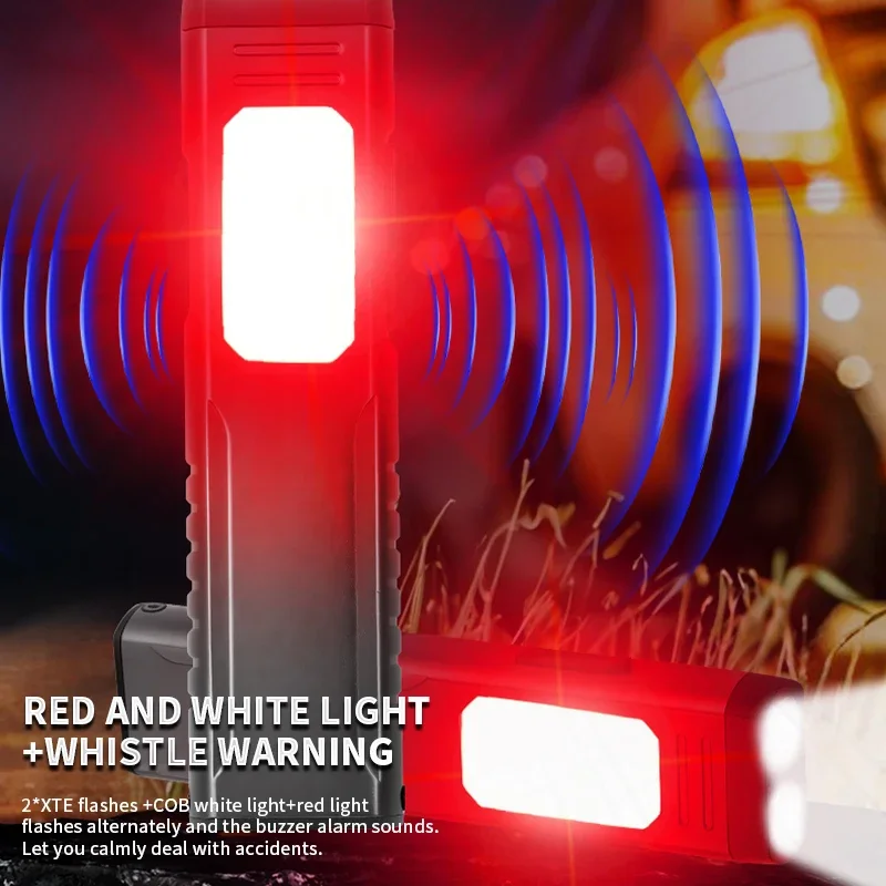 Neue multifunktionale wiederaufladbare USB-Arbeitsleuchte mit akustischem Alarm, starke magnetische COB-Aluminium-Clip-Stift-Taschenlampe, Handtaschenlampe Image