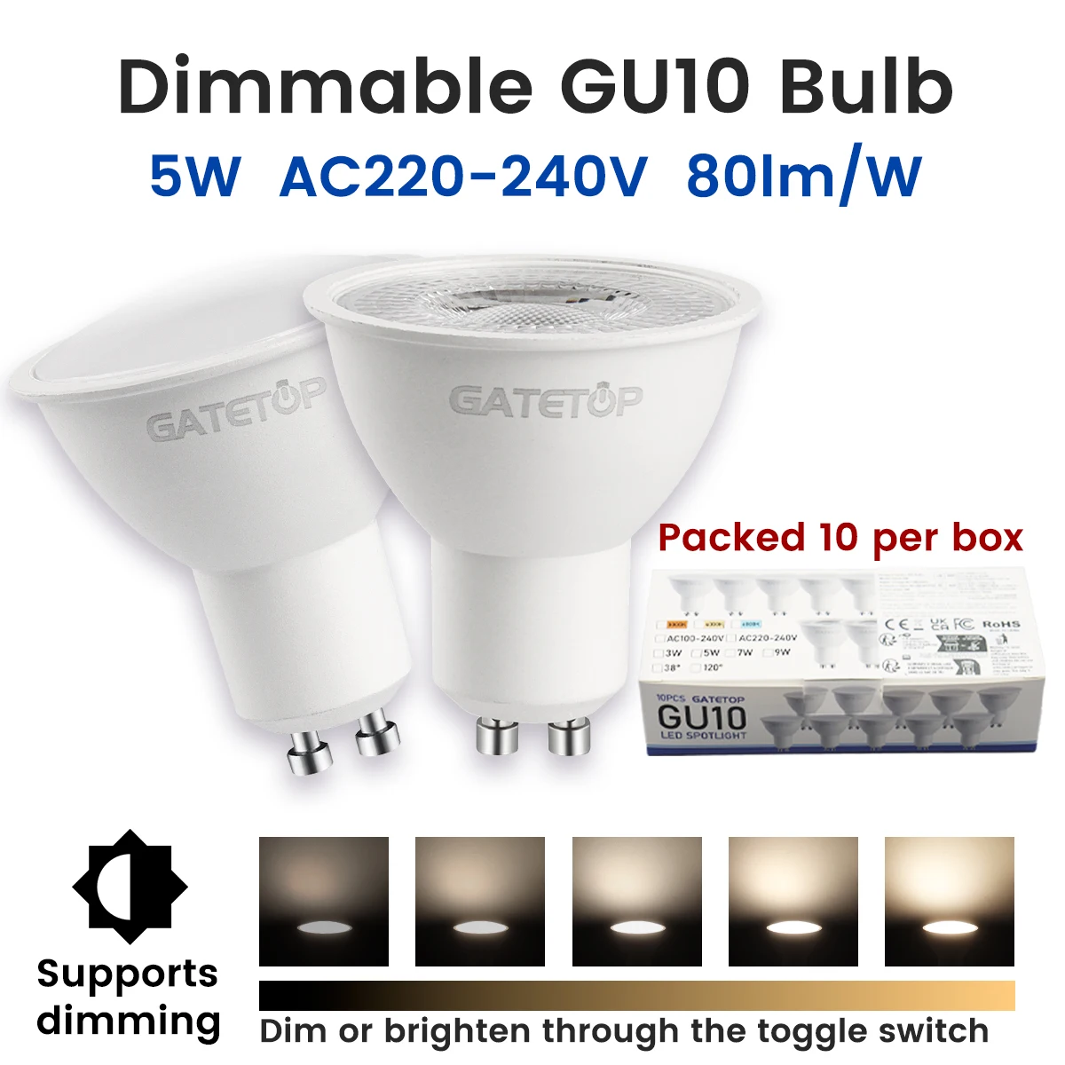 10 Stück 5 W LED-Strahler AC 220 V dimmbar 3000 K/6000 K 50 mm Einbau-Downlight PC-Material Deckenleuchte Vitrine Display-Beleuchtung