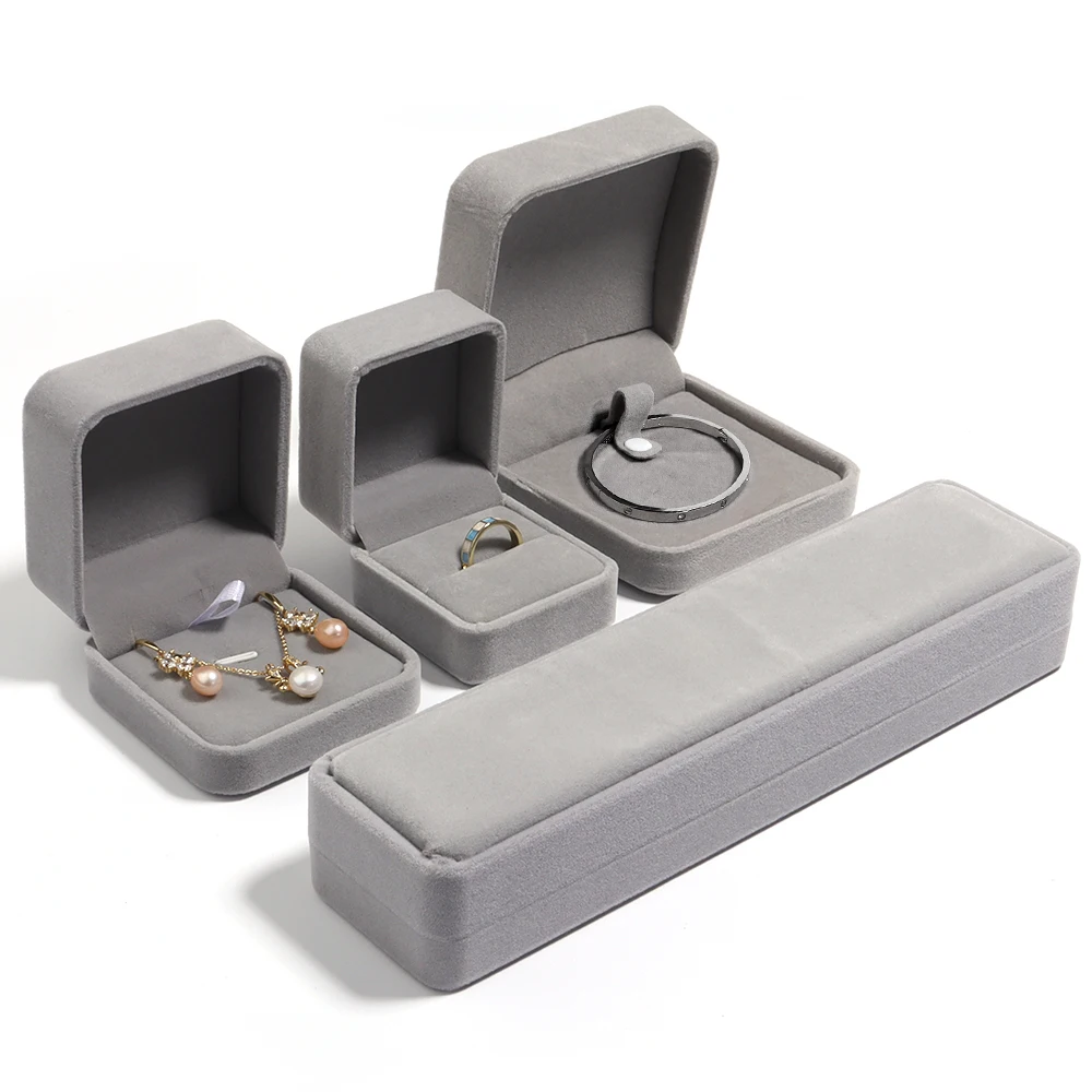 Graue Samt-Serie, Schmuckschatulle, Ring, Armband, Anhänger, Halskette, Aufbewahrungsbox für Geschenke, Verpackung, Display, abgerundete Eck-Schmuckschatullen Image