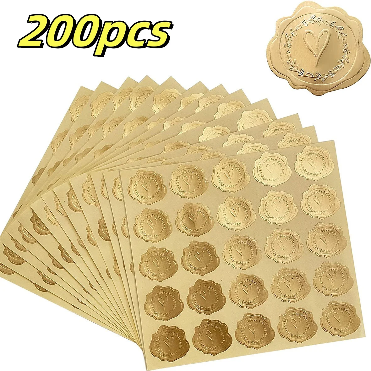 50–200 Stück goldgeprägte Herz-Aufkleber, Umschlag, Siegel, Wachs, aussehende Etiketten, Hochzeit, Party, Einladungskarte, Weihnachtsgeschenk, Dekoration Image