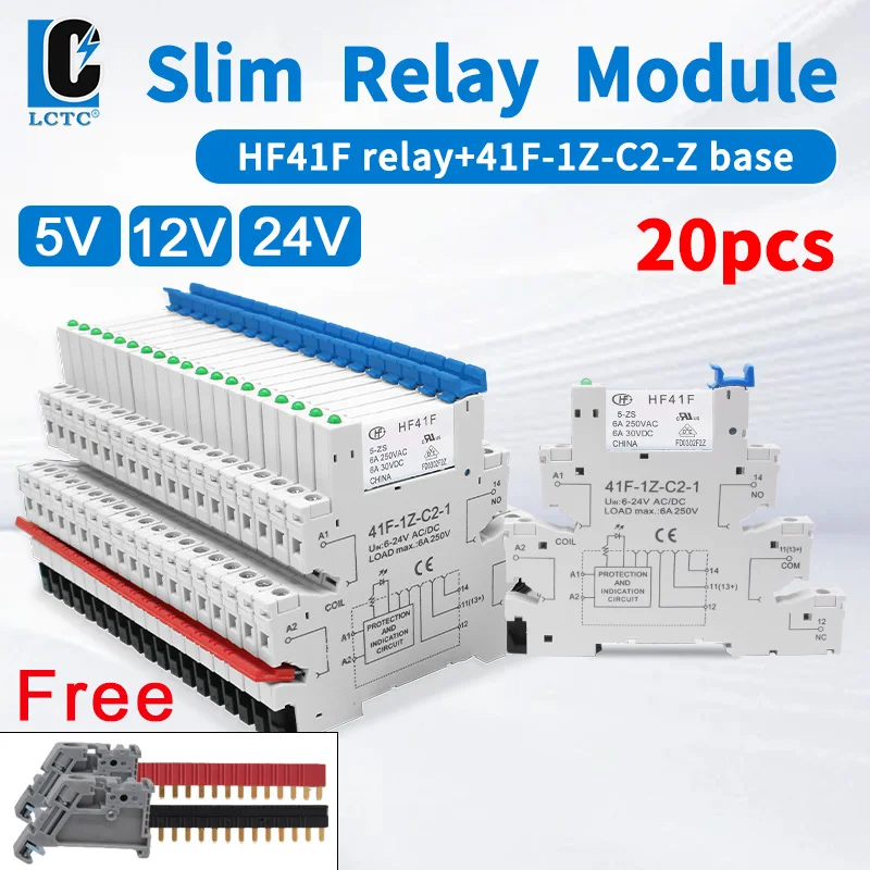 20PCS Relais HF41F DIN Schiene Slim Relais Modul 5V 12V 24V Mit LED 6A Industrielle Schnittstelle relais AC/DC 41F-5/12/24-ZS Image