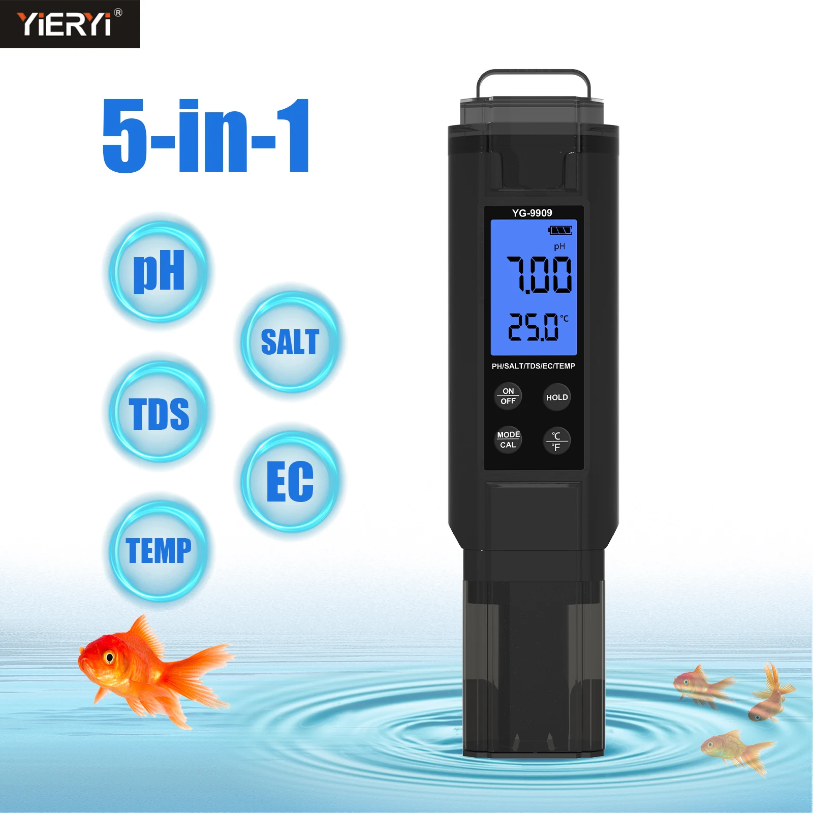 Yieryi 5-in-1-Salzgehalt-PH-Messgerät, hohe Genauigkeit, 0,01 Auflösung, EC, TDS, Temperatur, Wassertester, ppm, Messgerät für Aquarium, Hydrokultur, Pool Image