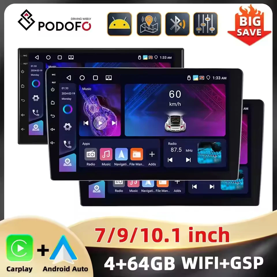 Podofo 4+64G 7''/9''/10.1'' Car Radio Universal Android Multimedia Player WIFI GPS Navigation Carplay Android Auto DSP Car Audio Image